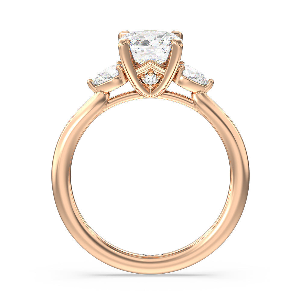 Cushion Cut Fine Line Pear Three Stone Engagement Ring with Lab Grown Diamond in 14KT Rose Gold view 2
