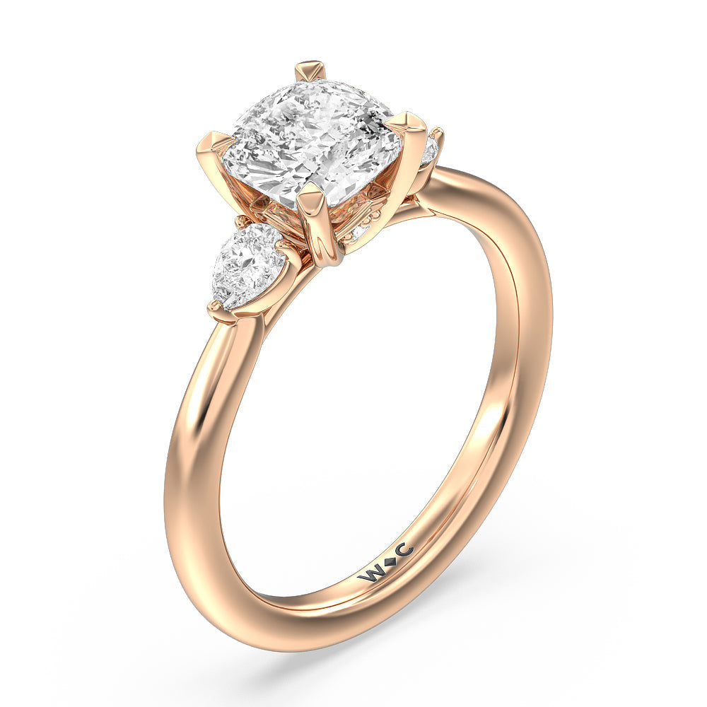 Cushion Cut Fine Line Pear Three Stone Engagement Ring with Lab Grown Diamond in 14KT Rose Gold view 3
