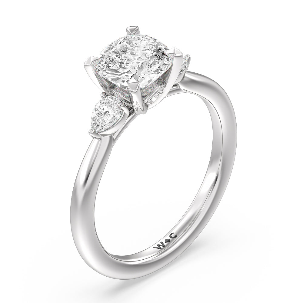 Cushion Cut Fine Line Pear Three Stone Engagement Ring with Lab Grown Diamond in 14KT Platinum view 3
