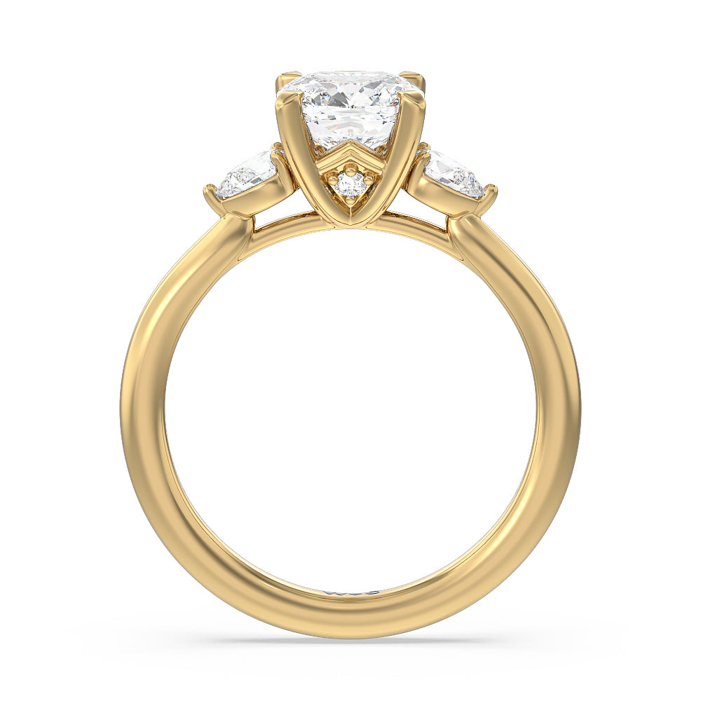 Cushion Cut Fine Line Pear Three Stone Engagement Ring with Lab Grown Diamond in 14KT Yellow Gold view 2
