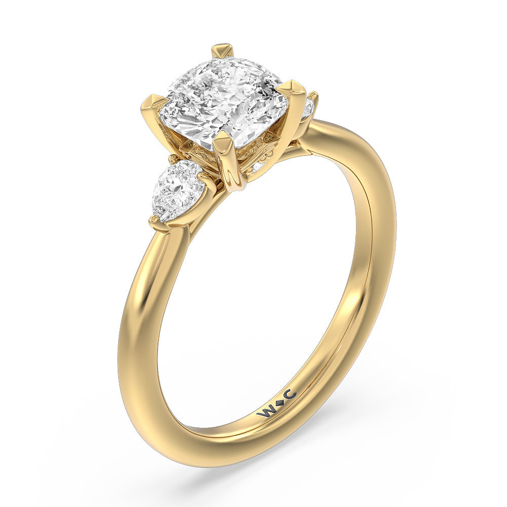 Cushion Cut Fine Line Pear Three Stone Engagement Ring with Lab Grown Diamond in 14KT Yellow Gold view 3
