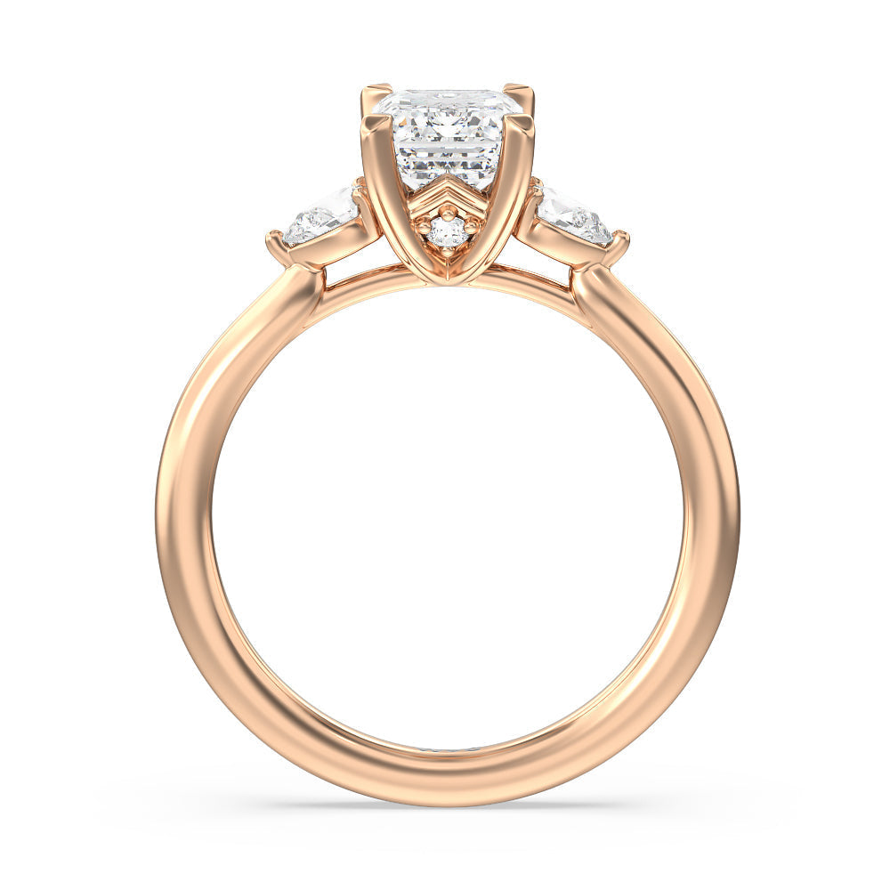 Emerald Cut Fine Line Pear Three Stone Engagement Ring with Lab Grown Diamond in 14KT Rose Gold view 2
