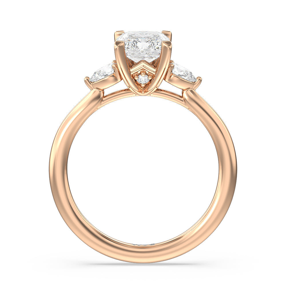 Radiant Cut Fine Line Pear Three Stone Engagement Ring with Lab Grown Diamond in 14KT Rose Gold view 2

