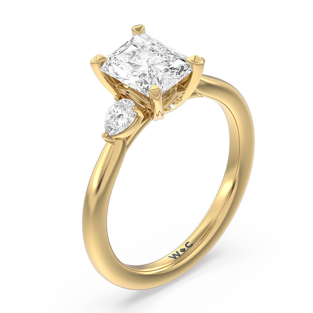 Radiant Cut Fine Line Pear Three Stone Engagement Ring with Lab Grown Diamond in 14KT Yellow Gold view 3
