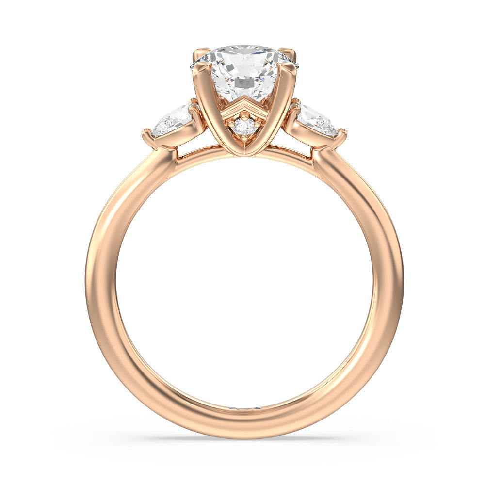 Round Cut Fine Line Pear Three Stone Engagement Ring with Lab Grown Diamond in 14KT Rose Gold view 2

