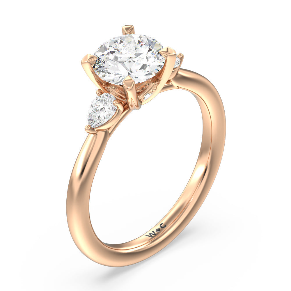 Round Cut Fine Line Pear Three Stone Engagement Ring with Lab Grown Diamond in 14KT Rose Gold view 3
