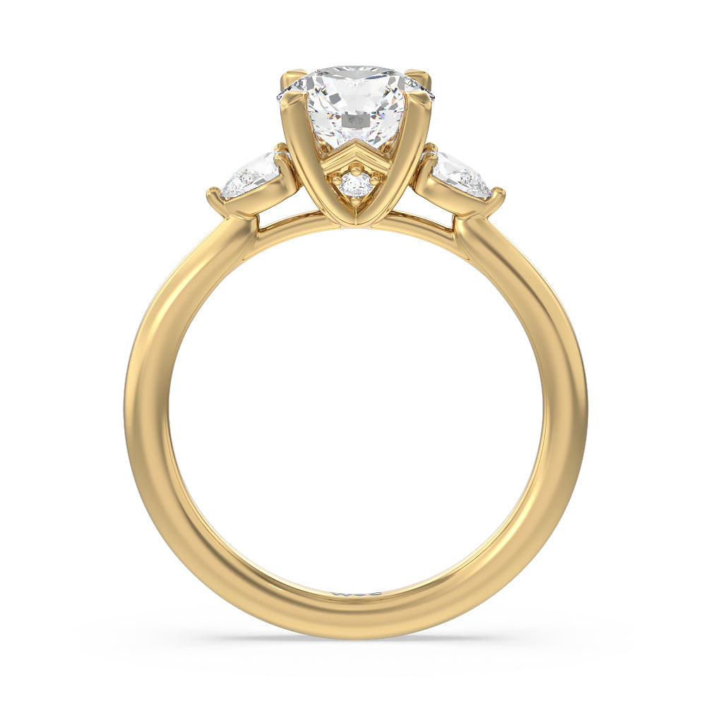 Round Cut Fine Line Pear Three Stone Engagement Ring with Lab Grown Diamond in 14KT Yellow Gold view 2

