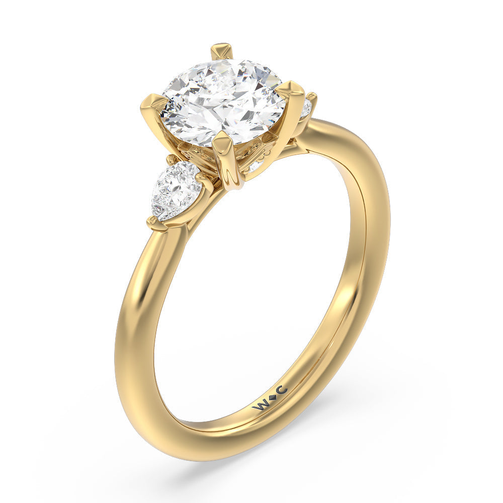 Round Cut Fine Line Pear Three Stone Engagement Ring with Lab Grown Diamond in 14KT Yellow Gold view 3
