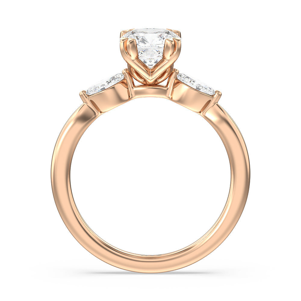 Cushion Cut Fine Line Marquise Three Stone Engagement Ring with Lab Grown Diamond in 14KT Rose Gold view 2
