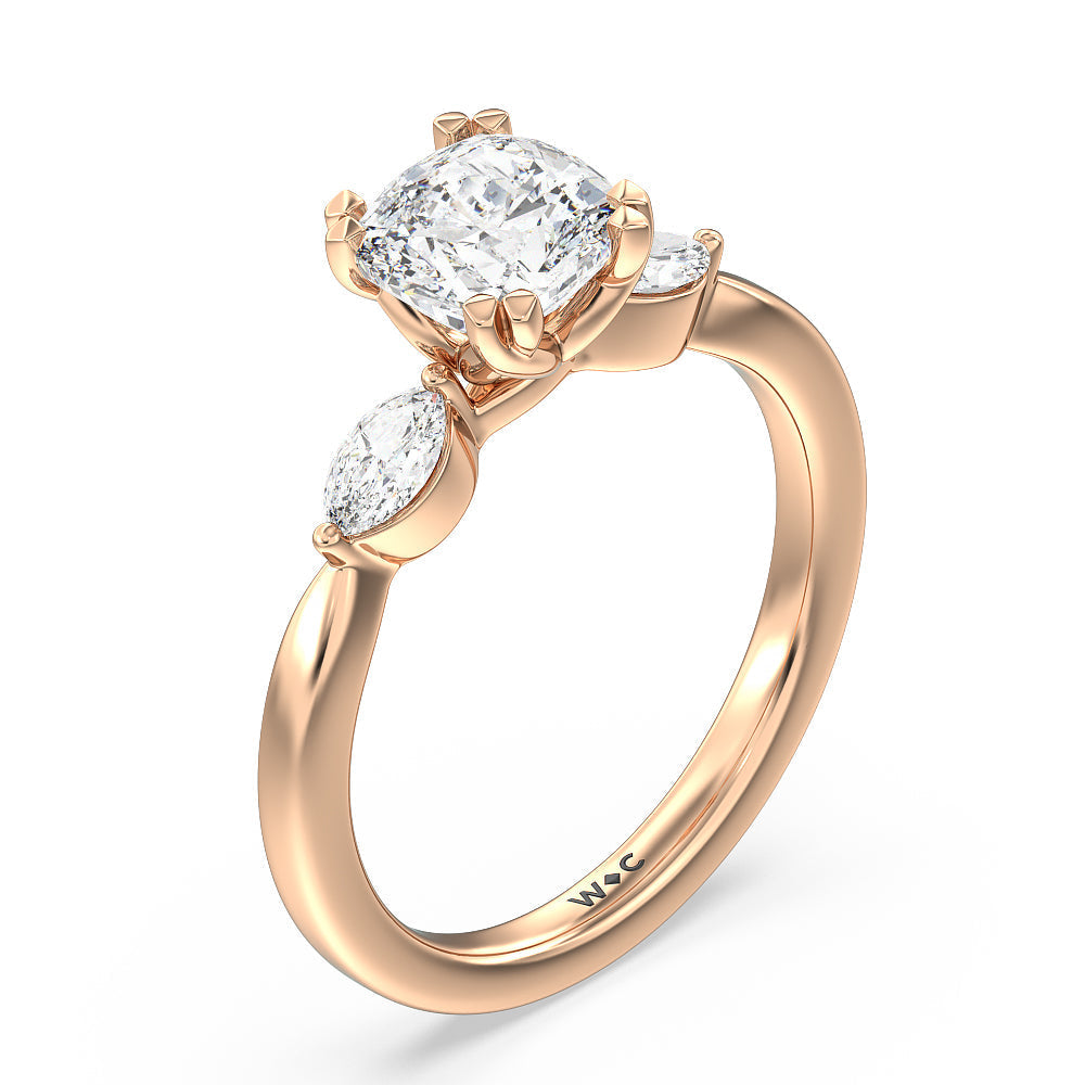 Cushion Cut Fine Line Marquise Three Stone Engagement Ring with Lab Grown Diamond in 14KT Rose Gold view 3
