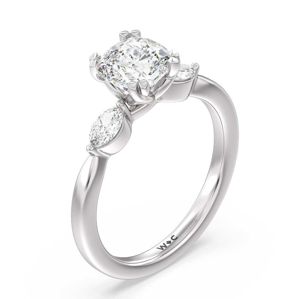 Cushion Cut Fine Line Marquise Three Stone Engagement Ring with Lab Grown Diamond in 14KT Platinum view 3

