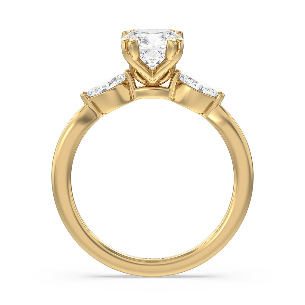 Cushion Cut Fine Line Marquise Three Stone Engagement Ring with Lab Grown Diamond in 14KT Yellow Gold view 2
