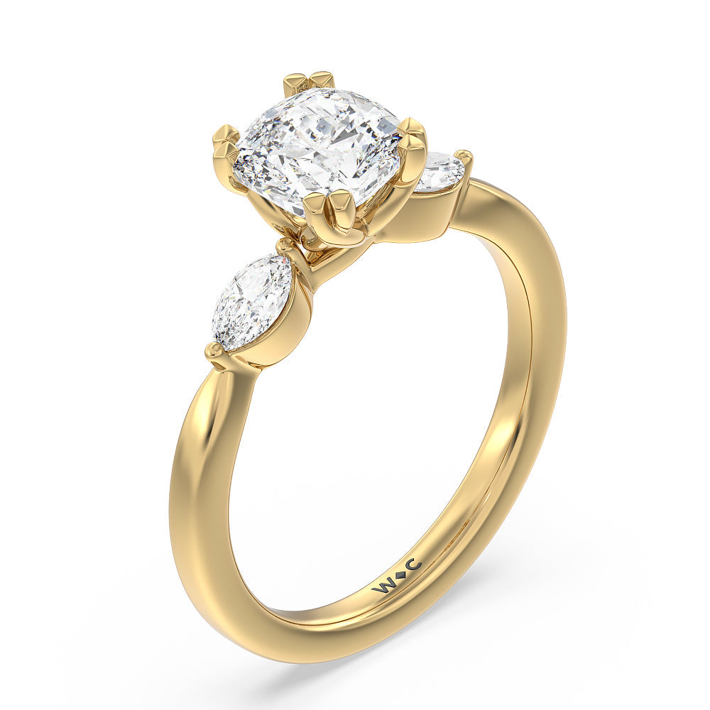 Cushion Cut Fine Line Marquise Three Stone Engagement Ring with Lab Grown Diamond in 14KT Yellow Gold view 3
