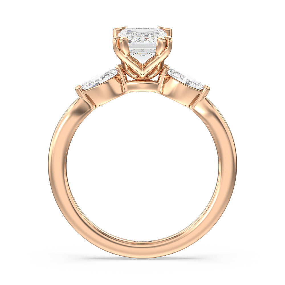 Emerald Cut Fine Line Marquise Three Stone Engagement Ring with Lab Grown Diamond in 14KT Rose Gold view 2
