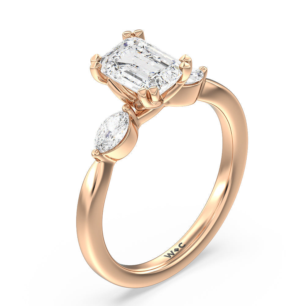 Emerald Cut Fine Line Marquise Three Stone Engagement Ring with Lab Grown Diamond in 14KT Rose Gold view 3
