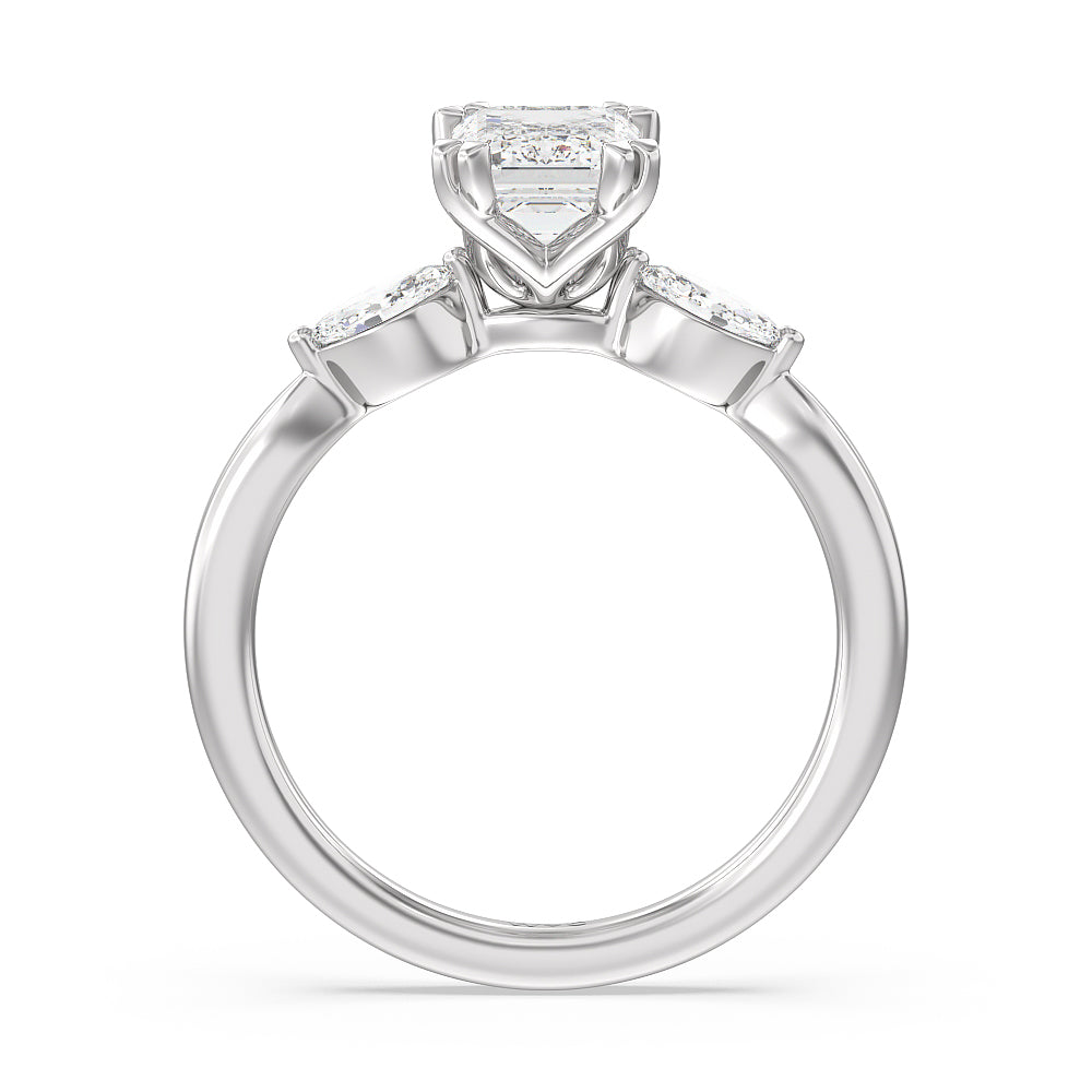 Emerald Cut Fine Line Marquise Three Stone Engagement Ring with Lab Grown Diamond in 14KT Platinum view 2
