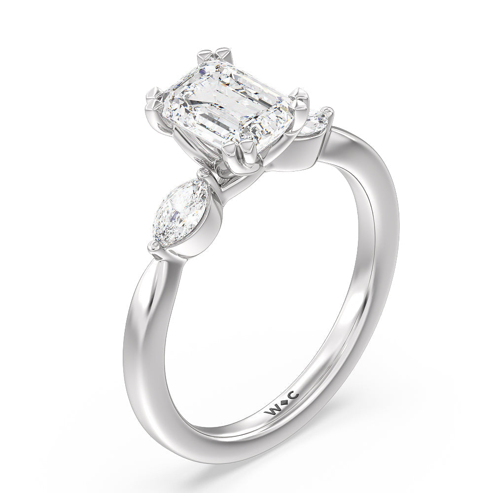 Emerald Cut Fine Line Marquise Three Stone Engagement Ring with Lab Grown Diamond in 14KT Platinum view 3
