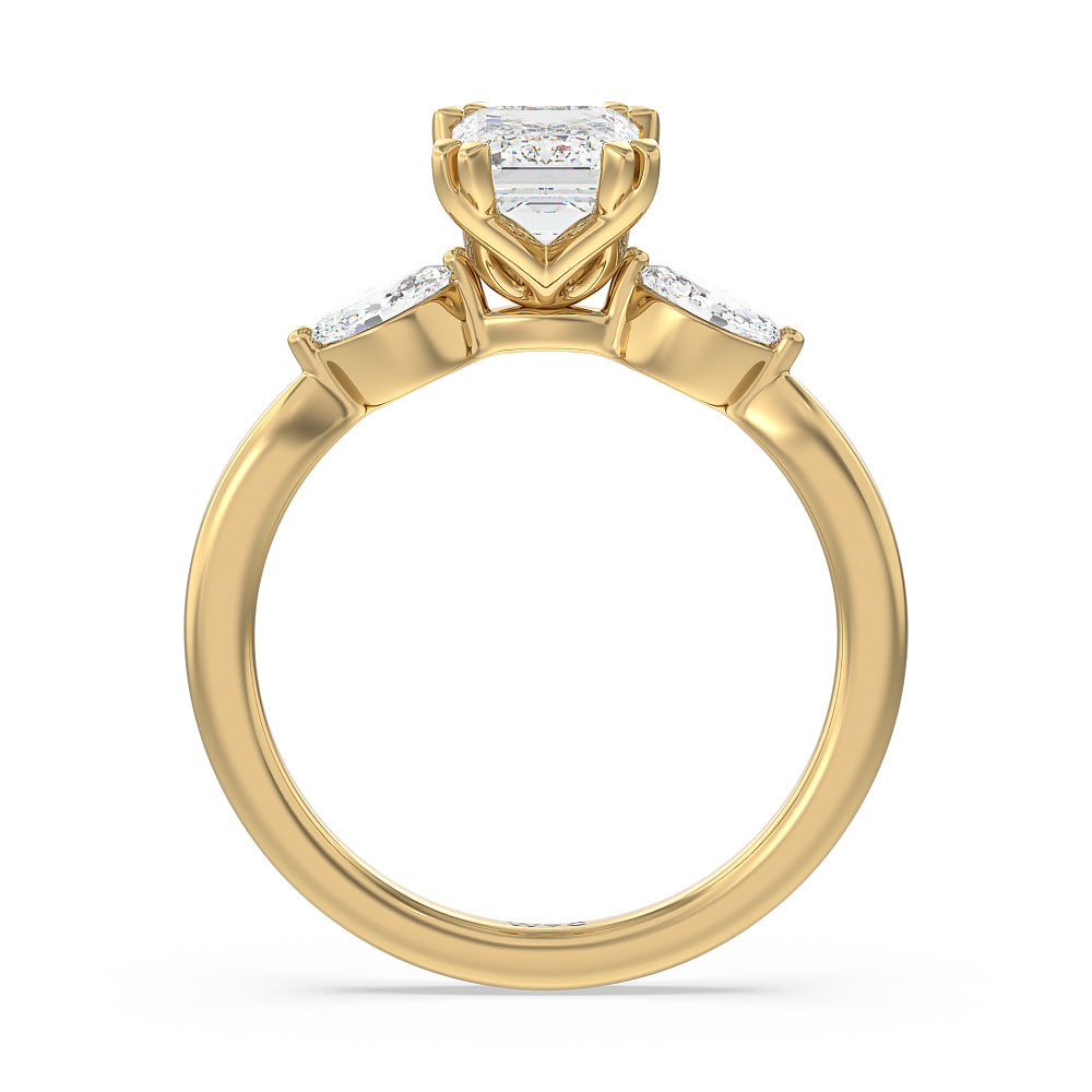Emerald Cut Fine Line Marquise Three Stone Engagement Ring with Lab Grown Diamond in 14KT Yellow Gold view 2
