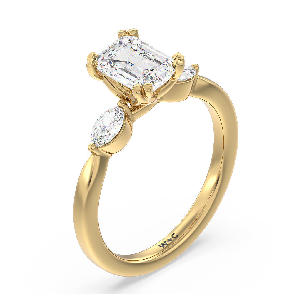 Emerald Cut Fine Line Marquise Three Stone Engagement Ring with Lab Grown Diamond in 14KT Yellow Gold view 3
