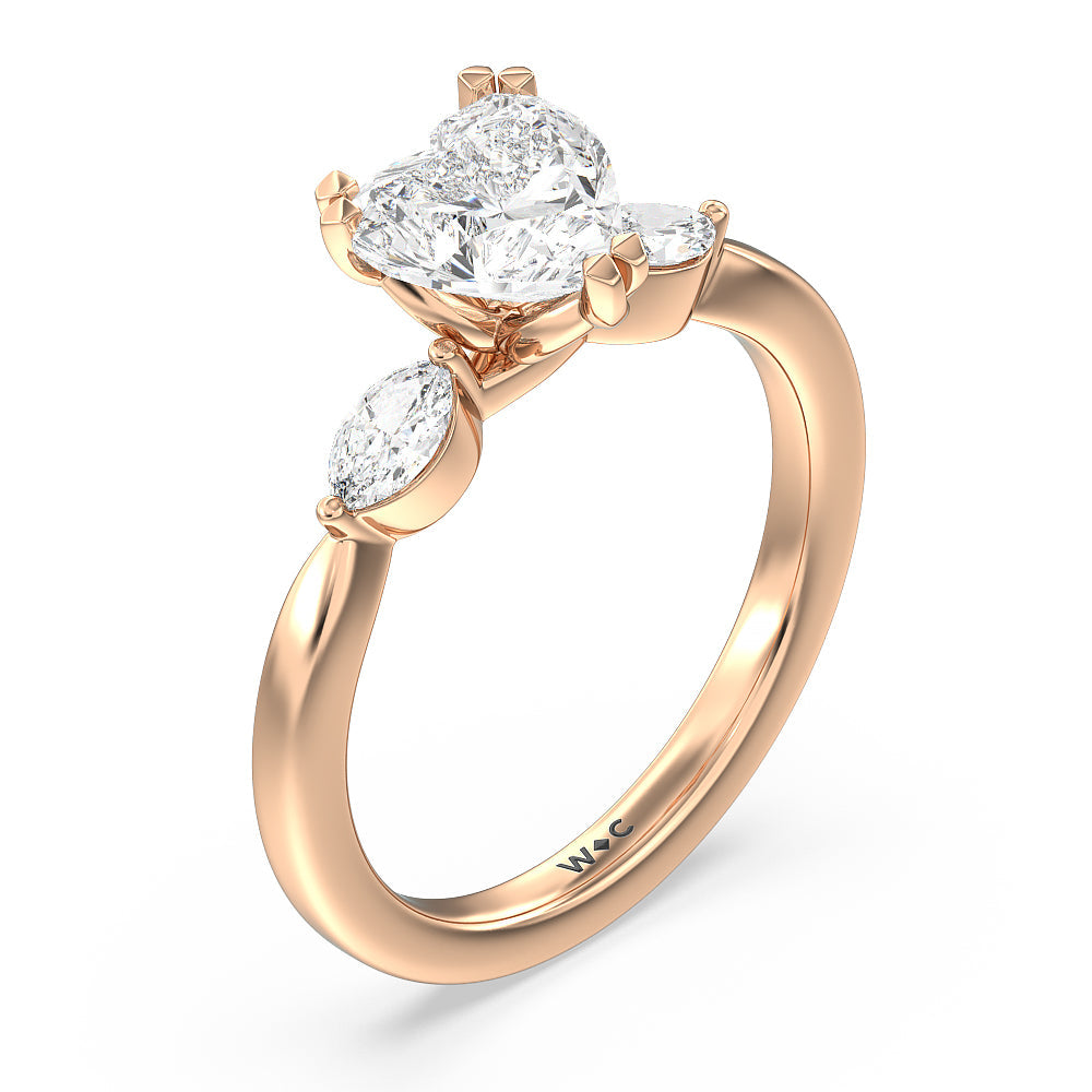 Heart Cut Fine Line Marquise Three Stone Engagement Ring with Lab Grown Diamond in 14KT Rose Gold view 3
