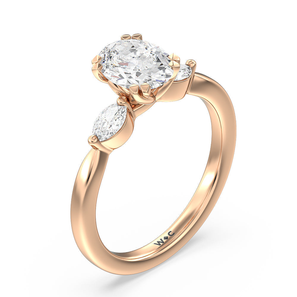 Oval Cut Fine Line Marquise Three Stone Engagement Ring with Lab Grown Diamond in 14KT Rose Gold view 3
