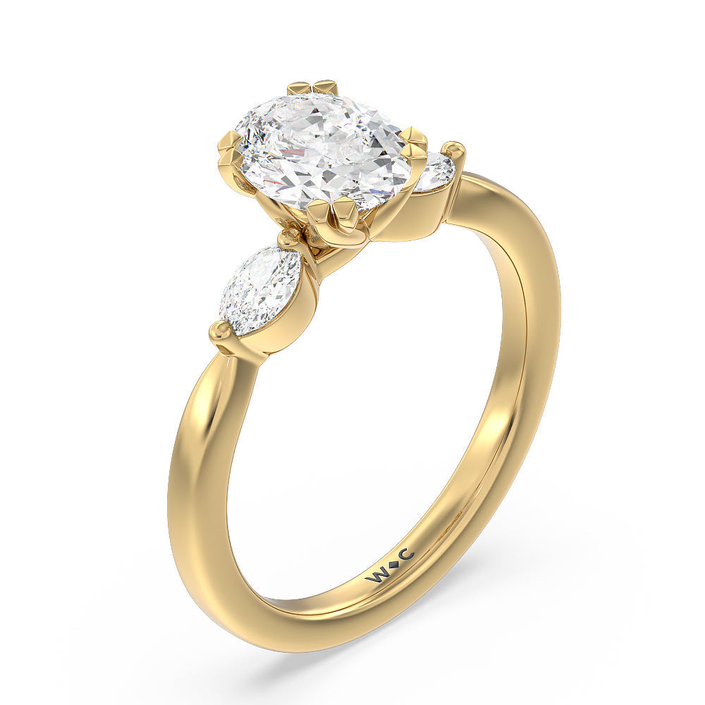 Oval Cut Fine Line Marquise Three Stone Engagement Ring with Lab Grown Diamond in 14KT Yellow Gold view 3
