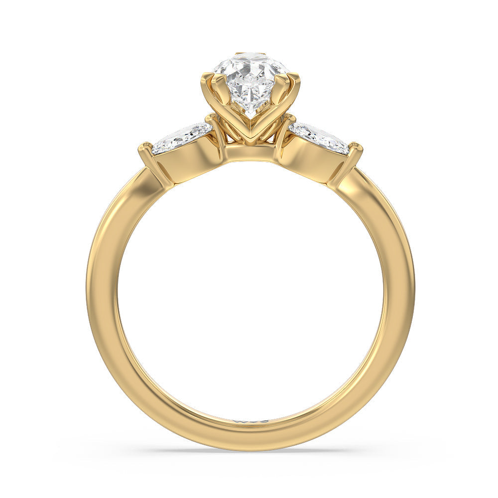 Pear Cut Fine Line Marquise Three Stone Engagement Ring with Lab Grown Diamond in 14KT Yellow Gold view 2
