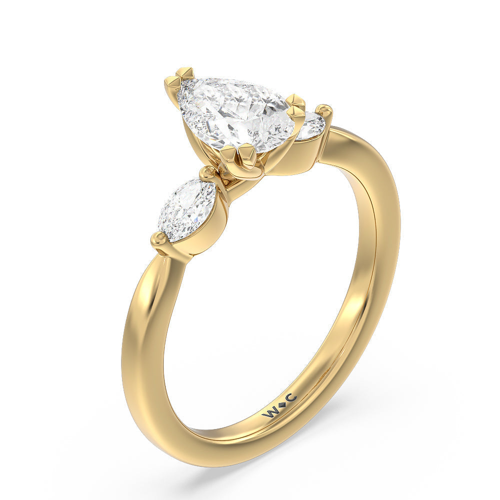 Pear Cut Fine Line Marquise Three Stone Engagement Ring with Lab Grown Diamond in 14KT Yellow Gold view 3
