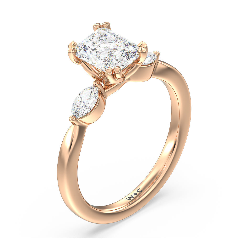 Radiant Cut Fine Line Marquise Three Stone Engagement Ring with Lab Grown Diamond in 14KT Rose Gold view 3
