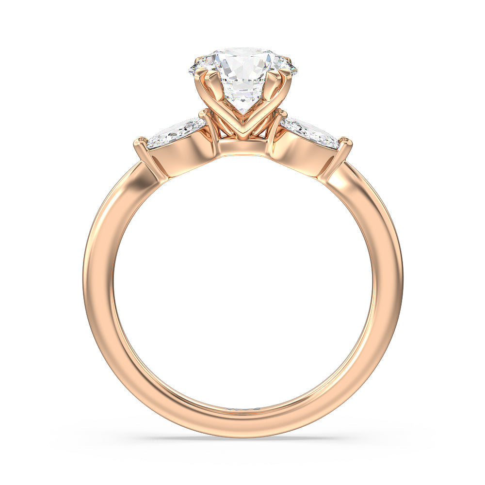 Round Cut Fine Line Marquise Three Stone Engagement Ring with Lab Grown Diamond in 14KT Rose Gold view 2
