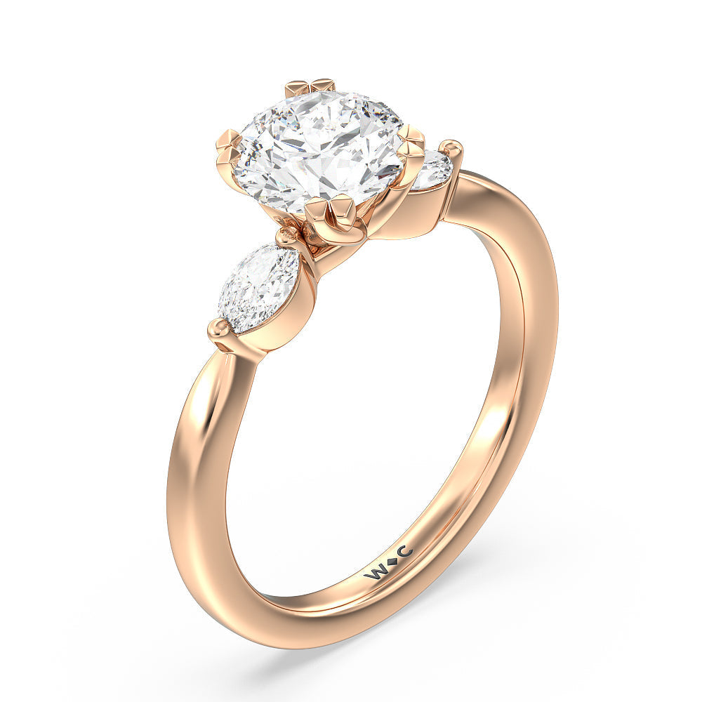 Round Cut Fine Line Marquise Three Stone Engagement Ring with Lab Grown Diamond in 14KT Rose Gold view 3
