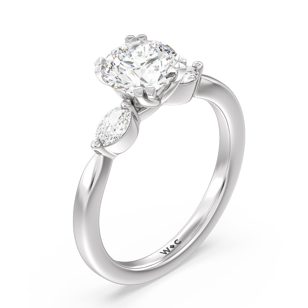 Round Cut Fine Line Marquise Three Stone Engagement Ring with Lab Grown Diamond in 14KT Platinum view 3
