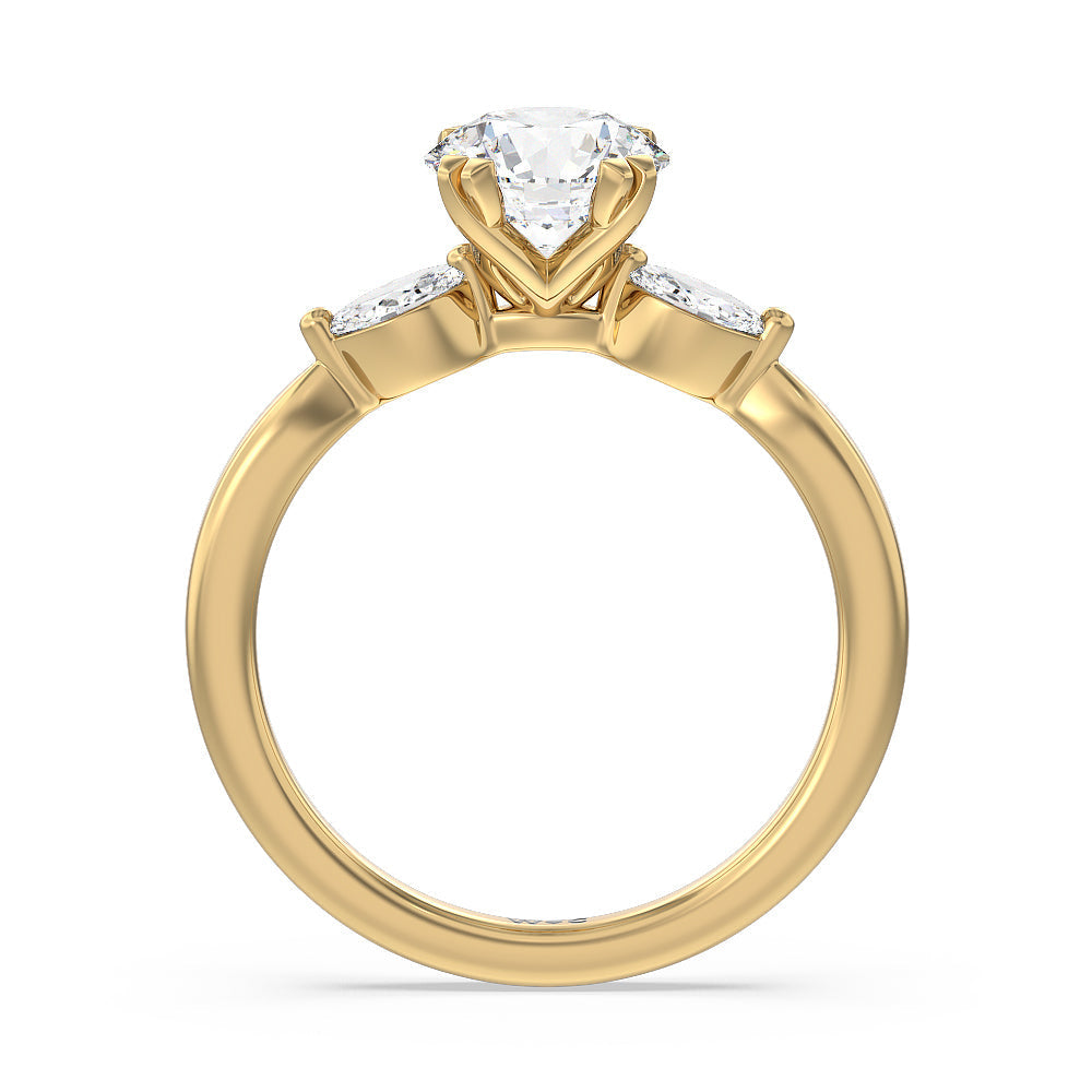 Round Cut Fine Line Marquise Three Stone Engagement Ring with Lab Grown Diamond in 14KT Yellow Gold view 2
