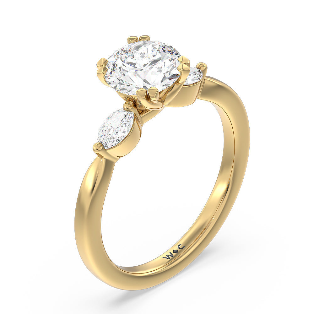 Round Cut Fine Line Marquise Three Stone Engagement Ring with Lab Grown Diamond in 14KT Yellow Gold view 3
