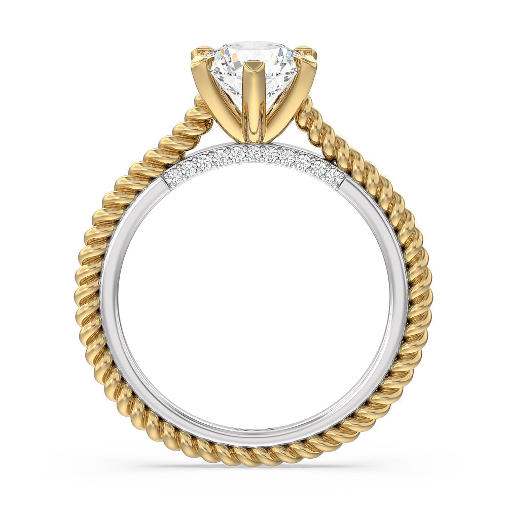 6 Claw Rope Fine Line Engagement Ring with Round Cut Diamond in 14KT White & Yellow Gold view 2

