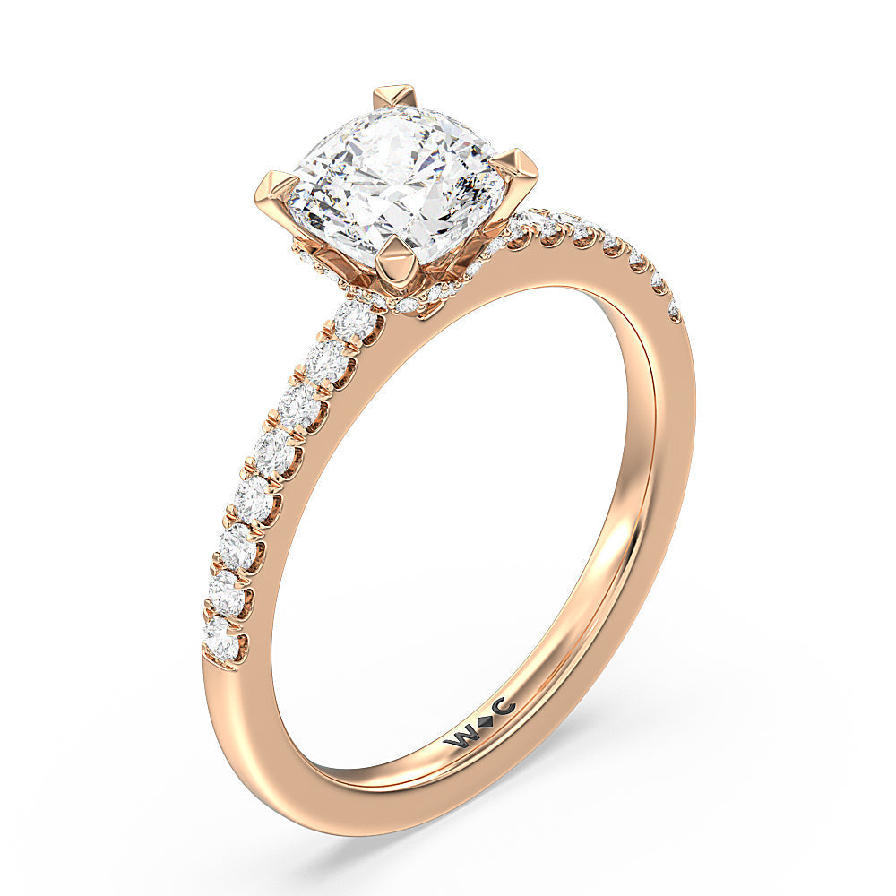 Petite Pave Chevron Hidden Halo Engagement  Ring with Cushion Cut Diamond in 14KT Rose Gold view 3
