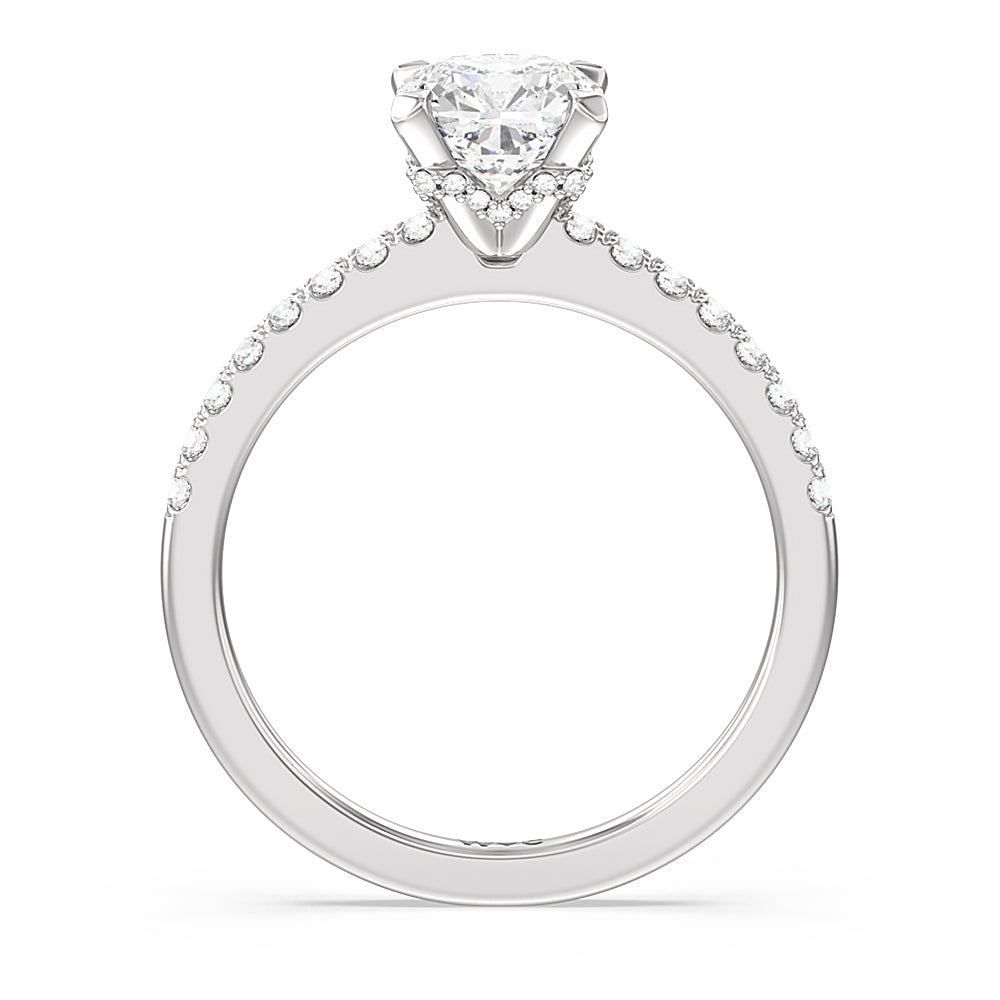 Petite Pave Chevron Hidden Halo Engagement  Ring with Cushion Cut Diamond in 14KT Platinum view 2
