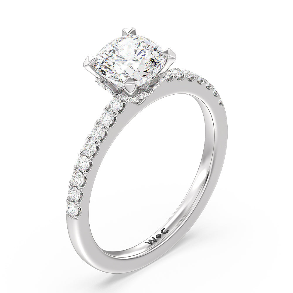 Petite Pave Chevron Hidden Halo Engagement  Ring with Cushion Cut Diamond in 14KT Platinum view 3

