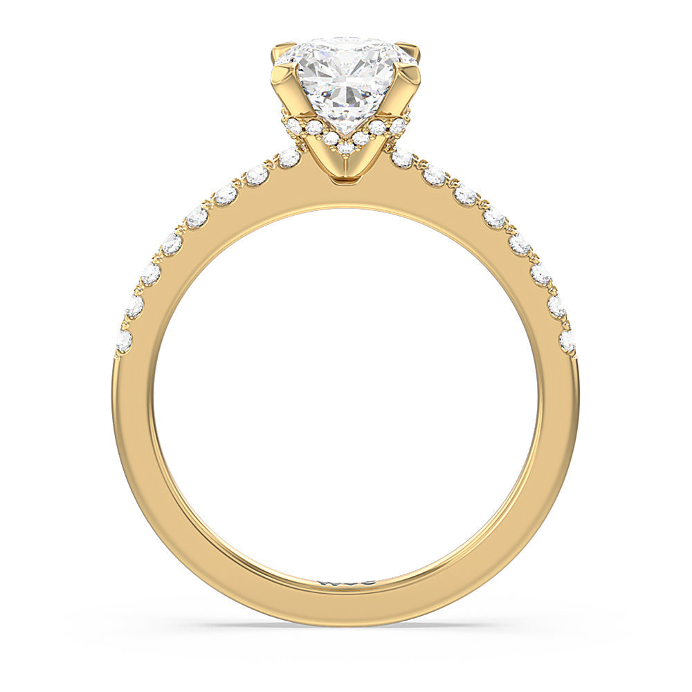 Petite Pave Chevron Hidden Halo Engagement  Ring with Cushion Cut Diamond in 14KT Yellow Gold view 2
