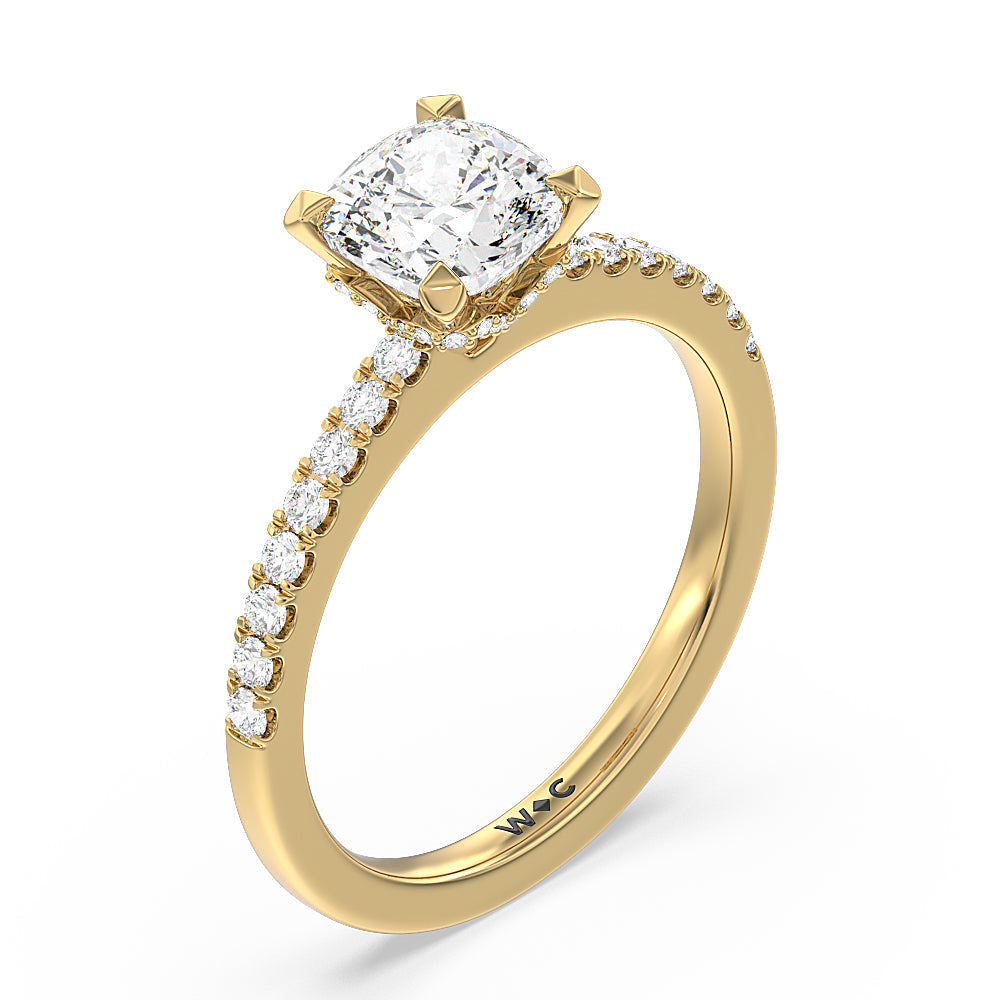Petite Pave Chevron Hidden Halo Engagement  Ring with Cushion Cut Diamond in 14KT Yellow Gold view 3
