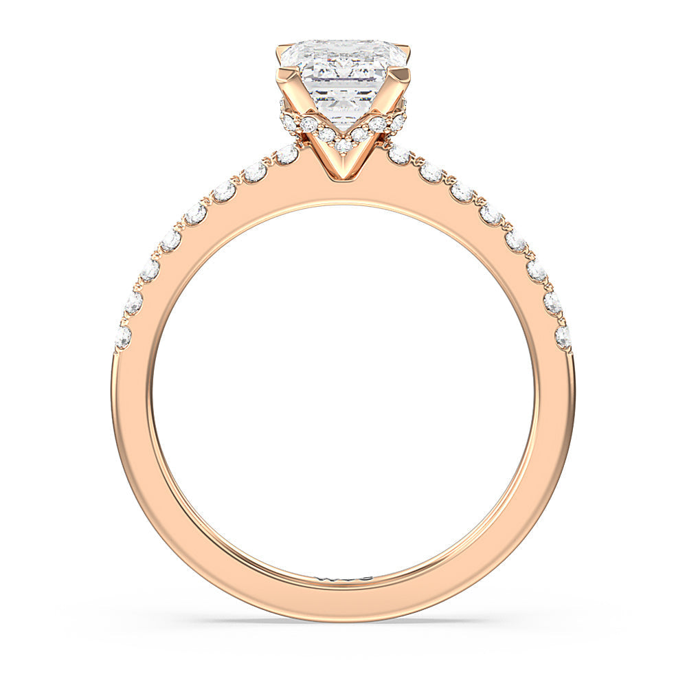 Petite Pave Chevron Hidden Halo Engagement  Ring with Emerald Cut Diamond in 14KT Rose Gold view 2
