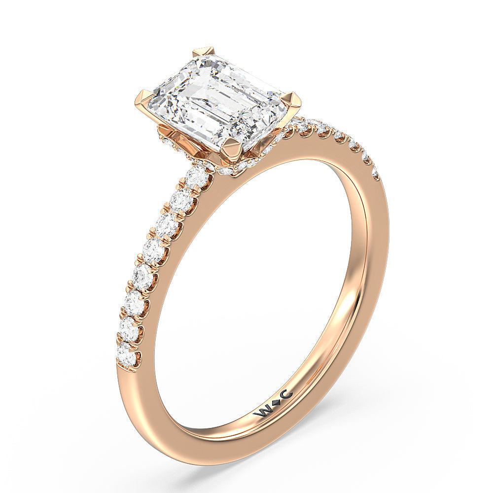 Petite Pave Chevron Hidden Halo Engagement  Ring with Emerald Cut Diamond in 14KT Rose Gold view 3
