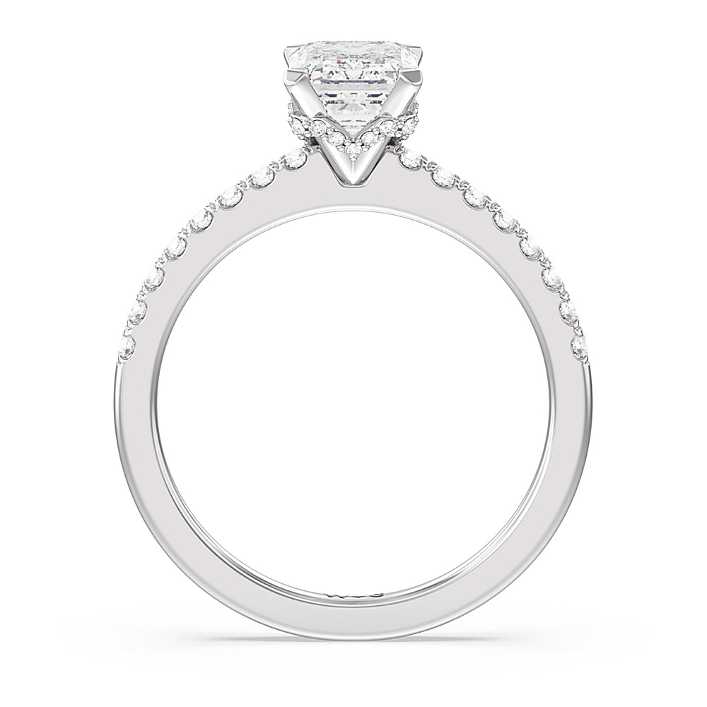 Petite Pave Chevron Hidden Halo Engagement  Ring with Emerald Cut Diamond in 14KT Platinum view 2
