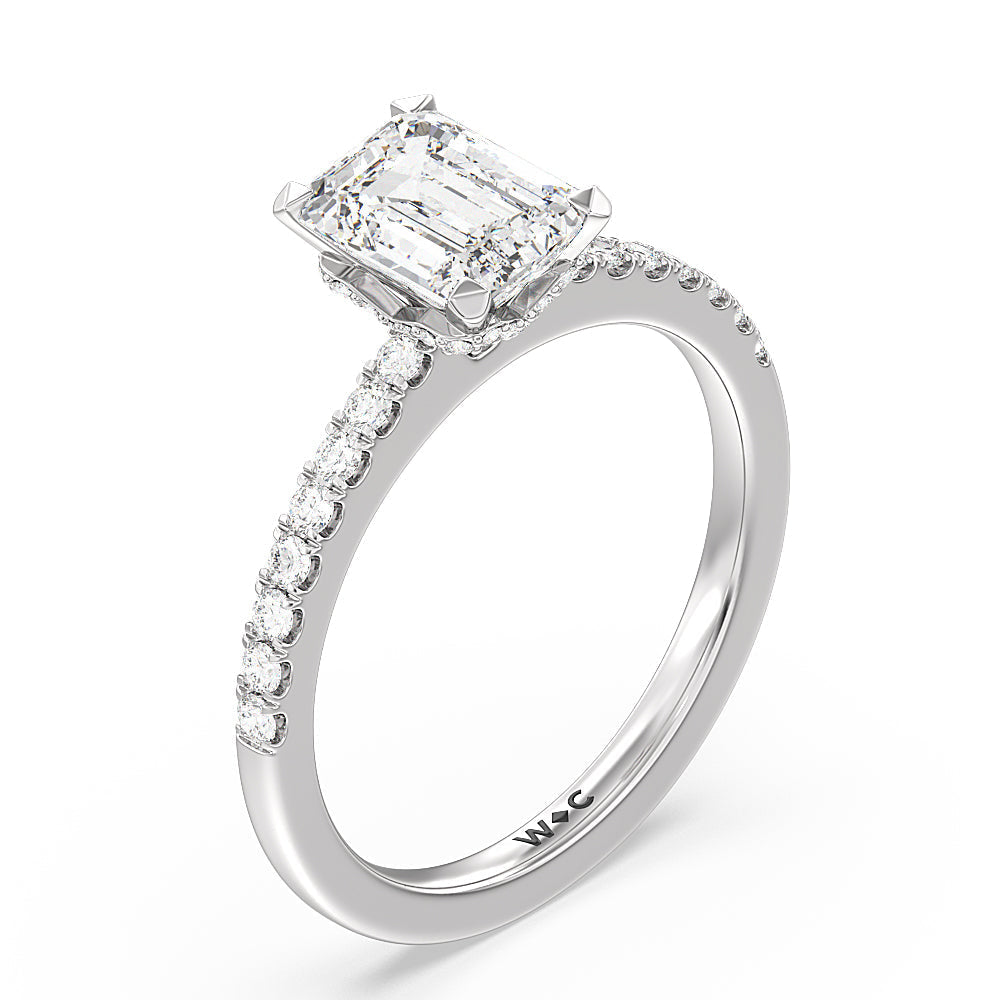 Petite Pave Chevron Hidden Halo Engagement  Ring with Emerald Cut Diamond in 14KT Platinum view 3
