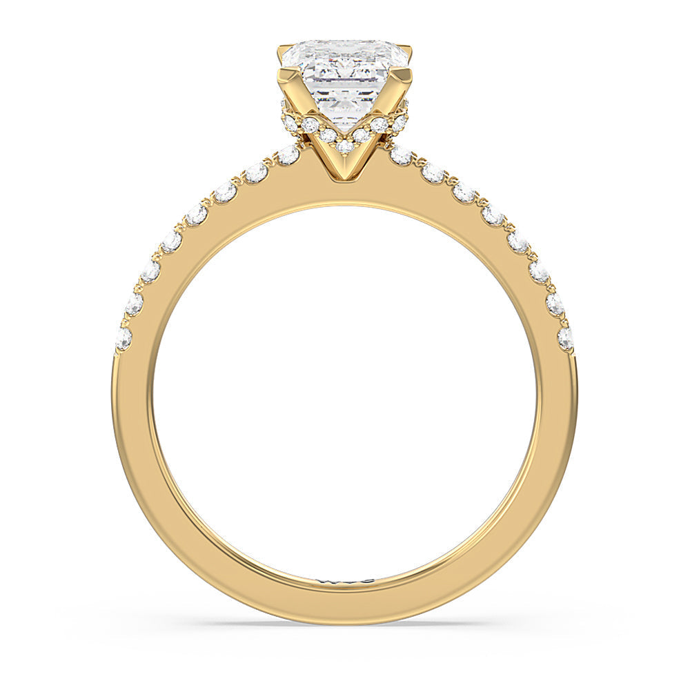 Petite Pave Chevron Hidden Halo Engagement  Ring with Emerald Cut Diamond in 14KT Yellow Gold view 2
