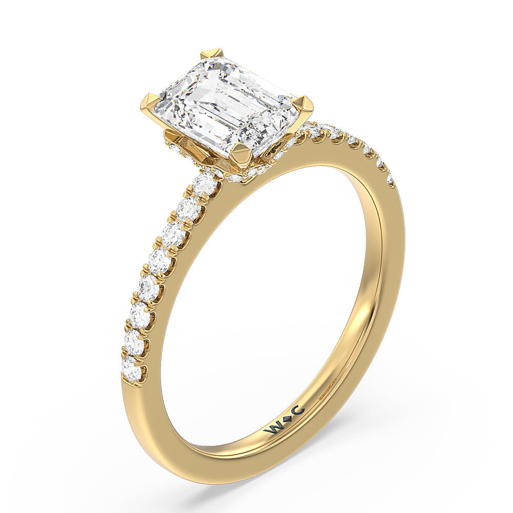 Petite Pave Chevron Hidden Halo Engagement  Ring with Emerald Cut Diamond in 14KT Yellow Gold view 3
