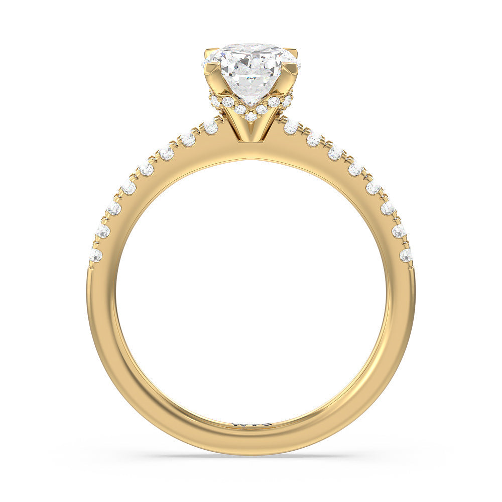 Petite Pave Chevron Hidden Halo Engagement  Ring with Oval Cut Diamond in 14KT Yellow Gold view 2

