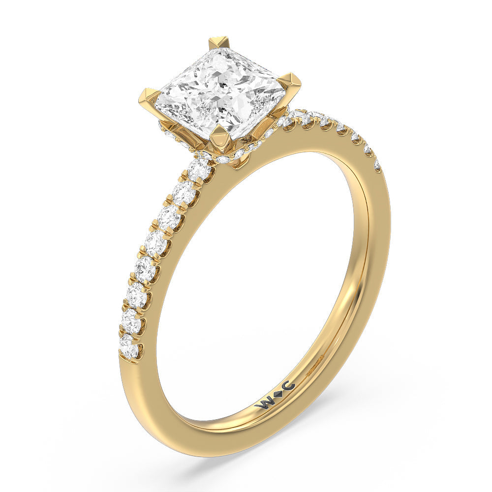 Petite Pave Chevron Hidden Halo Engagement  Ring with Princess Cut Diamond in 14KT Yellow Gold view 3
