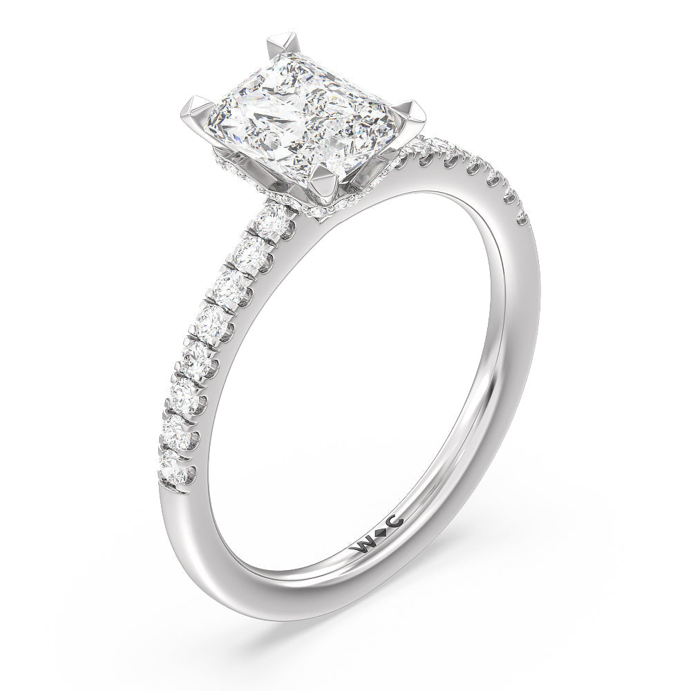 Petite Pave Chevron Hidden Halo Engagement  Ring with Radiant Cut Diamond in 14KT Platinum view 3
