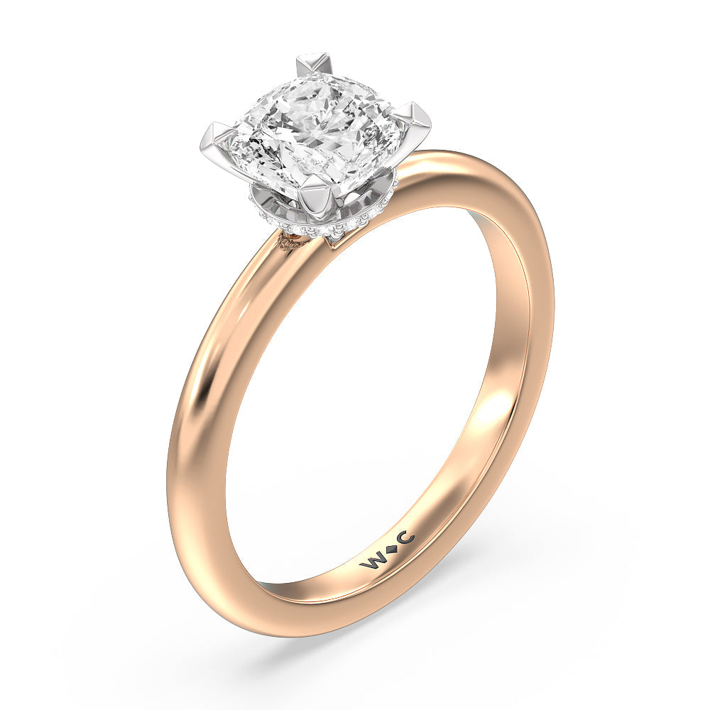 Modern Fine Line Hidden Halo Engagement Ring with Cushion Cut Diamond in 14KT White & Rose Gold view 3
